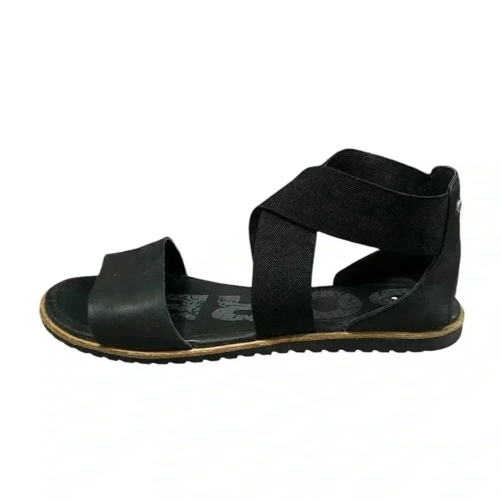 Sorel Womens Ella Sandals Gore Strap Black Flat Shoes Casual Travel Size 9